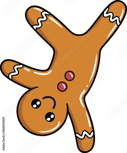 Playful gingerbread man cartoon character doing handstand cute holiday cookie illustration for Christmas season baking themed graphics and festive designs use for culinary blog posts or social media m