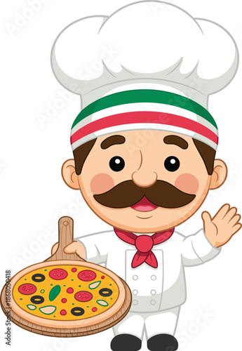 Cartoon Italian chef holding pizza on wooden paddle presenting fresh delicious meal promotion cheerful character illustration for restaurant menu design food delivery service culinary website banner h