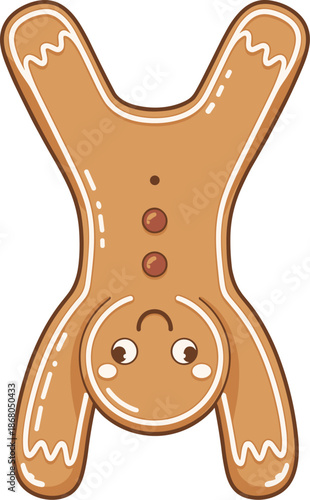 Cute gingerbread man upside down festive holiday season cartoon character illustration for christmas baking decoration kids design and new year celebration sweet pastry icon food graphic element vecto