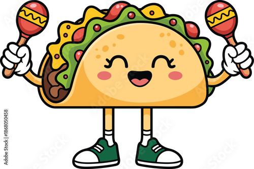 Cartoon happy taco character playing maracas with cute facial expression in vibrant illustration traditional mexican food cuisine culture graphic for kids menu advertising and festive cinco de mayo ce