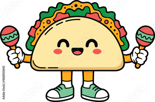 Cute taco cartoon character with maracas dancing enjoying music festive celebration adorable mascot illustration for food related advertising cheerful graphic design element fun vibrant happy smiling