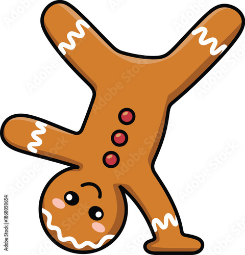 Playful gingerbread man doing handstand cartoon illustration for Christmas holiday season fun decorations seasonal background festive sweets design element for greeting cards and children's products b