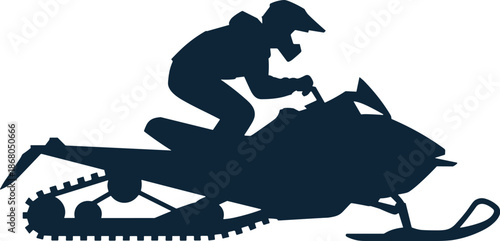 Snowmobile silhouette with rider speeding through winter landscape extreme sport adventure recreation icon wintertime travel illustration for outdoor activities and tourism marketing campaigns promoti