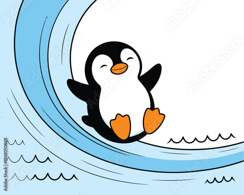 Cute cartoon penguin surfing on blue wave illustration cheerful aquatic bird character enjoying summer fun vacation adventure animal wildlife clip art for children's book designs educational resources