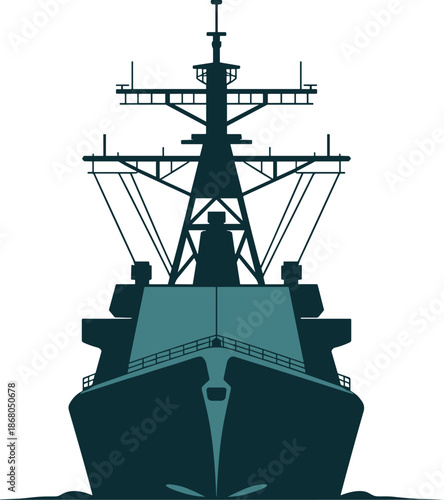 Modern navy warship sailing ocean waters front view military defense vessel illustration for marine transport company naval operations maritime security and global trade route protection logistics and