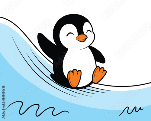Cute cartoon penguin sliding down a water slide illustration cheerful happy animal character in summer fun activity for kids children's book graphics and designs educational resources recreational pla