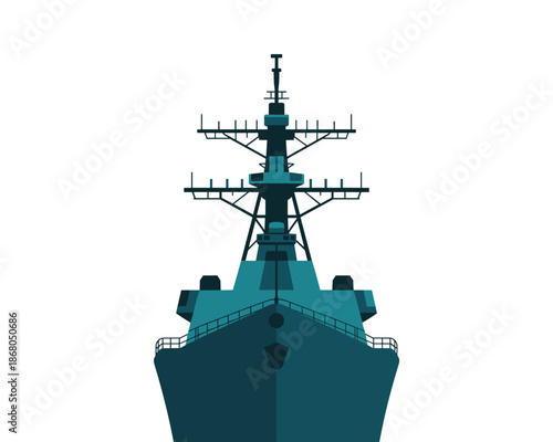 Modern Navy Warship Destroyer Illustration on White Backdrop Maritime Naval Vessel Military Ship Front View for Defense Strategy National Security Marine Transport Protection Nautical Fleet Concept