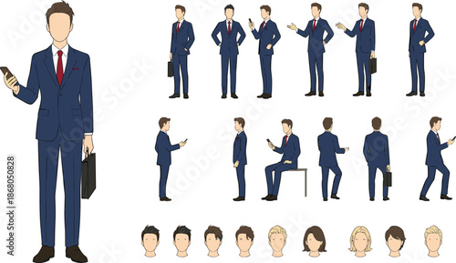 Professional Businessman Character Set in Dark Blue Suit Holding Smartphone with Various Poses and Facial Hairstyles.