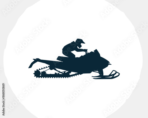 Silhouette of snowmobile rider in helmet riding through snowy terrain extreme winter sport adventure activity illustration for recreation travel destination marketing promotional material sports equip