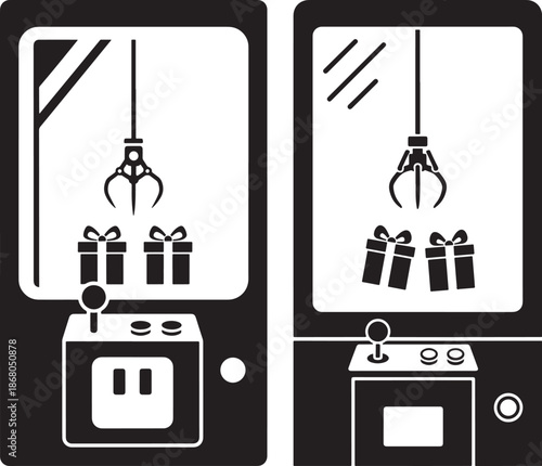 Arcade Claw Machine Crane Game with Gift Boxes Silhouette Vector Illustration for Fun and Entertainment