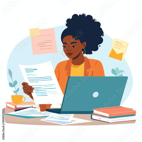 Woman reviewing documents on laptop at cluttered desk with papers and office supplies