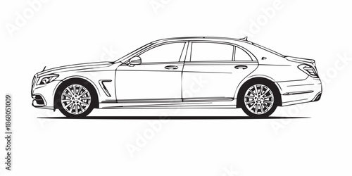 Car side view vector icon, black and white detailed illustration, black car isolated on white 