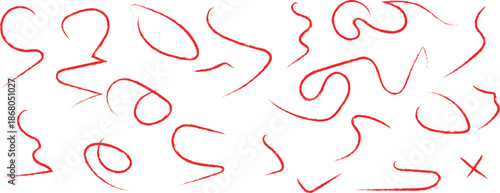Set of Hand Drawn Red Marker Scribbles, Highlights, and Underline Swashes on White Background