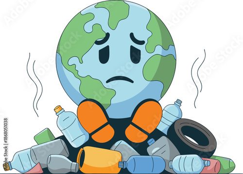 Sad Earth Cartoon Character Surrounded by Trash Pollution Problem Illustration Demonstrating Environmental Issues and Waste Management Crisis for Educational Materials Social Media Campaigns and Ecolo