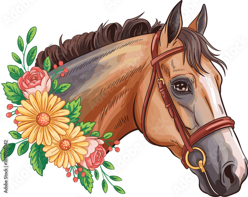 Elegant horse head portrait with floral decoration watercolor illustration of light brown equine animal adorned with roses and daisies for equestrian themed designs and springtime greeting cards or fa