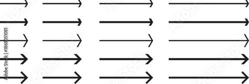 Set of black horizontal arrows with different lengths and line weights isolated on white background