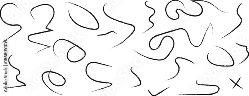 Hand drawn charcoal brush strokes and organic abstract lines set.