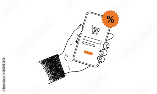 Hand holding smartphone with online shopping and discount icon