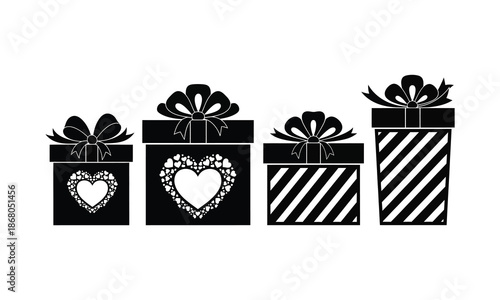 Monochrome vector icon set of four presents with heart and stripe patterns