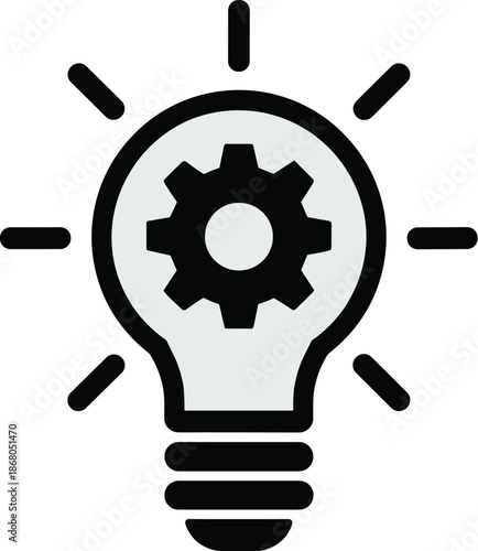 Black and white lightbulb gear icon symbol representing creative process and innovative thinking for business solutions and industrial applications idea generation and problem solving in modern corpor