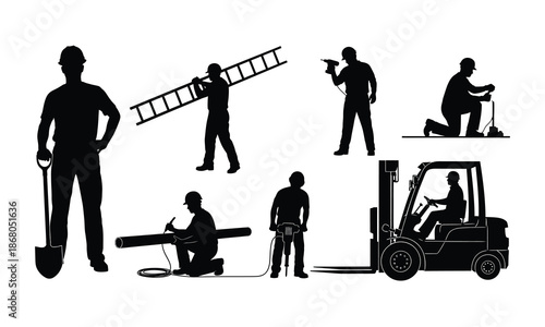 Silhouettes of construction workers performing various job duties vector set