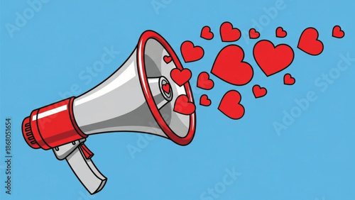 A cartoon illustration of a red and white megaphone broadcasting many red hearts against a blue background.