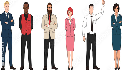 Diverse Business Professional Character Set Featuring Men and Women in Formal and Casual Office Attire.