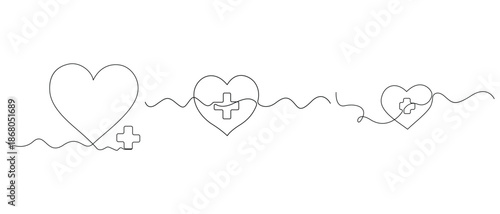 Continuous one line heart with medical cross for healthcare concept
