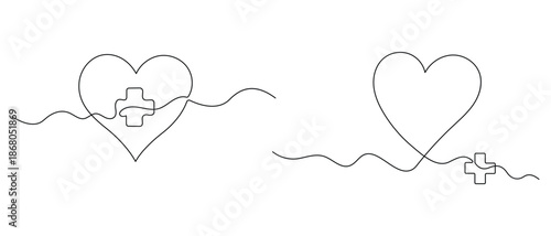 Continuous one line heart with medical cross for healthcare concept

