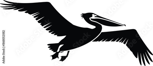 Striking black pelican silhouette flying with outstretched wings illustration vector design element for wildlife conservation environmental advocacy and coastal tourism marketing materials nature blog