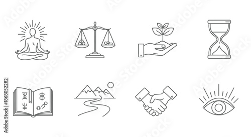 Symbols of balance, growth, and wisdom illustration