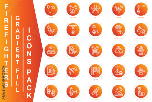 Firefighters Gradient Fill icons set. contain fire alarm, beacon, safety goggle, harnes, helmet, fire monitor, hose and more. Vector for modern concept, print, UI, UX kit, web and app development.