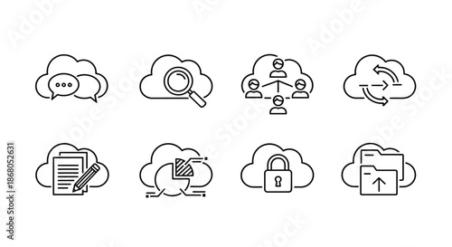 Cloud computing icons representing various services illustration