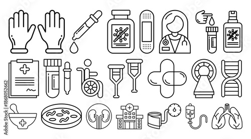 A professional healthcare icon set including medical tools, doctor symbols, hospital elements, treatment icons, and pharmaceutical graphics in clean outline style.