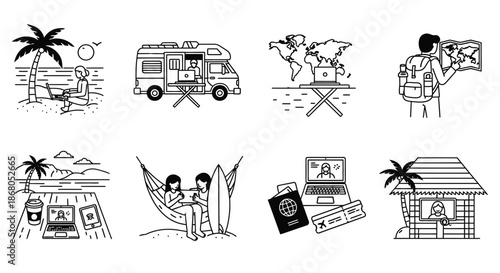 Illustrations of various travel and work scenarios illustration