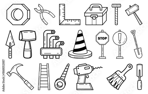 A bold hand-drawn construction tool icon set featuring hammers, drill, ladder, wrench, traffic cone, stop sign, and building equipment for construction and repair themes.