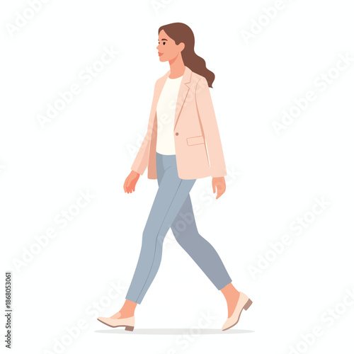 A young woman walks confidently forward in a stylish outfit