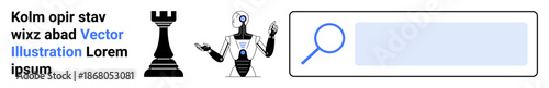 Strategy, artificial intelligence, technology, decision-making, online tools, innovation. Black chess rook, humanoid AI robot and magnifying glass icon. Strategy and artificial intelligence concept
