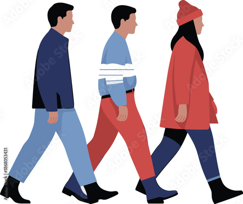 Diverse group of people walking together illustration in minimal style modern team members in casual clothing autumn winter fashion pedestrian lifestyle for website banner social media marketing adver