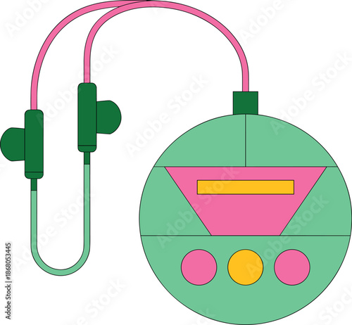 Colorful portable music player with headphones for listening to audio in vibrant pastel colors in modern minimalist style for music entertainment technology and lifestyle design projects 90s retro aes