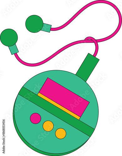 Vibrant retro mp3 player with wired headphones illustration in funky neon pink and green color palette creative music listening technology accessory design for 90s nostalgia themed advertising and soc