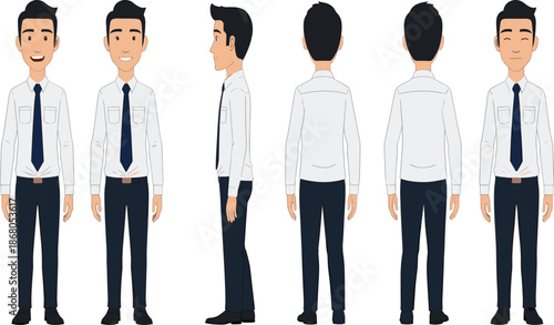 Male Business Professional Character Set in White Shirt and Tie with Front, Side, and Back Views.