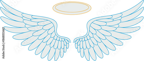 Detailed angel wings graphic outline illustration with golden halo heavenly spiritual symbol design for religious themed events and designs minimalist vector art angelic protection and guidance for fa