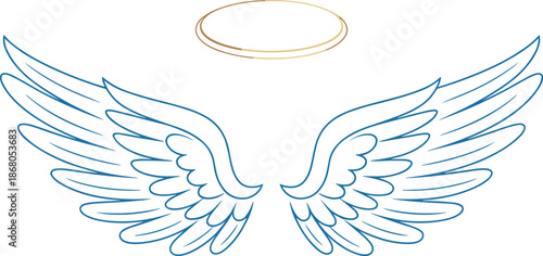Angel wings and halo illustration for religious themes spiritual guidance divine protection concept heavenly design element hope and faith symbol line art graphic for greeting cards memorial services