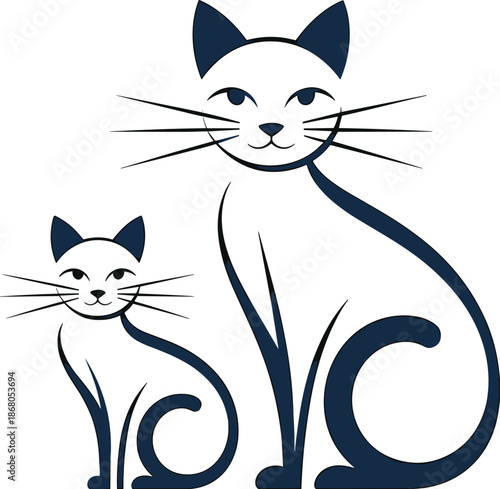 Stylized modern cat and kitten illustration sitting together minimalist family pet vector graphic design element for veterinary clinic branding or animal rescue organization logo design pet care adopt