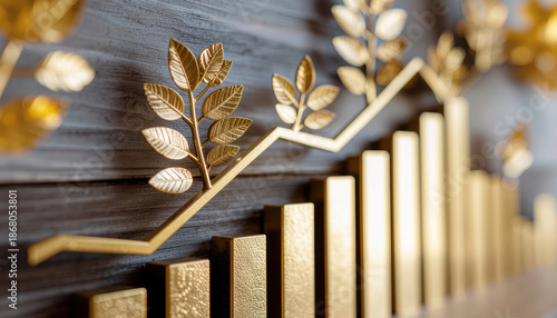 Gold bar chart financial success economic growth wealth concept investment symbol profit increase business finance growing plant golden leaf upward trend metallic texture financial graph stock