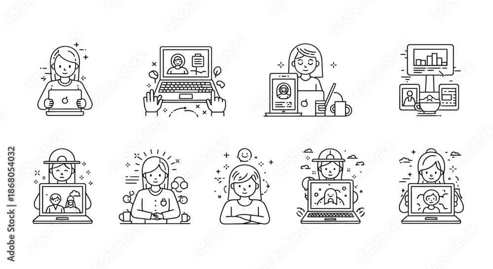 Fototapeta premium Illustrations of people engaged in various digital activities illustration