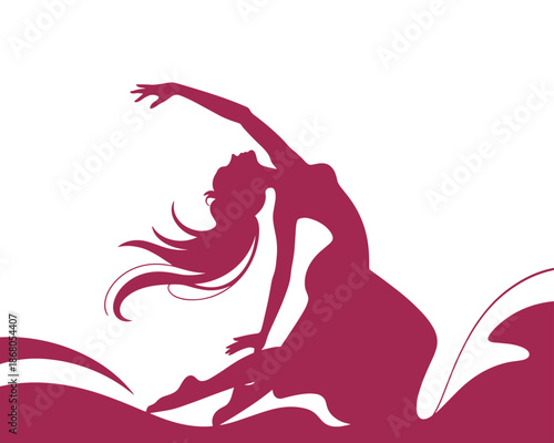 Elegant woman dancer silhouette in expressive pose dancing with flowing hair and dress artistic vector illustration for dance academy performance posters and choreography class advertising contemporar