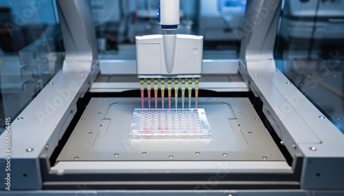 Biotech laboratory plate drug discovery automation robot pipette precision research innovation healthcare science equipment