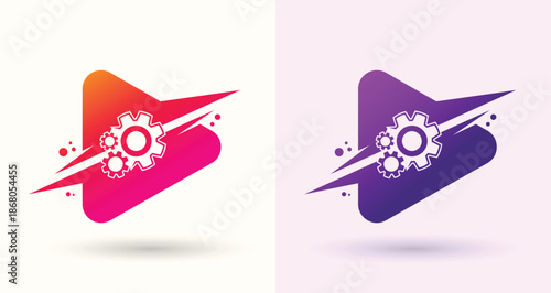 Play button gear swoosh logo media video streaming technology modern brand icon
